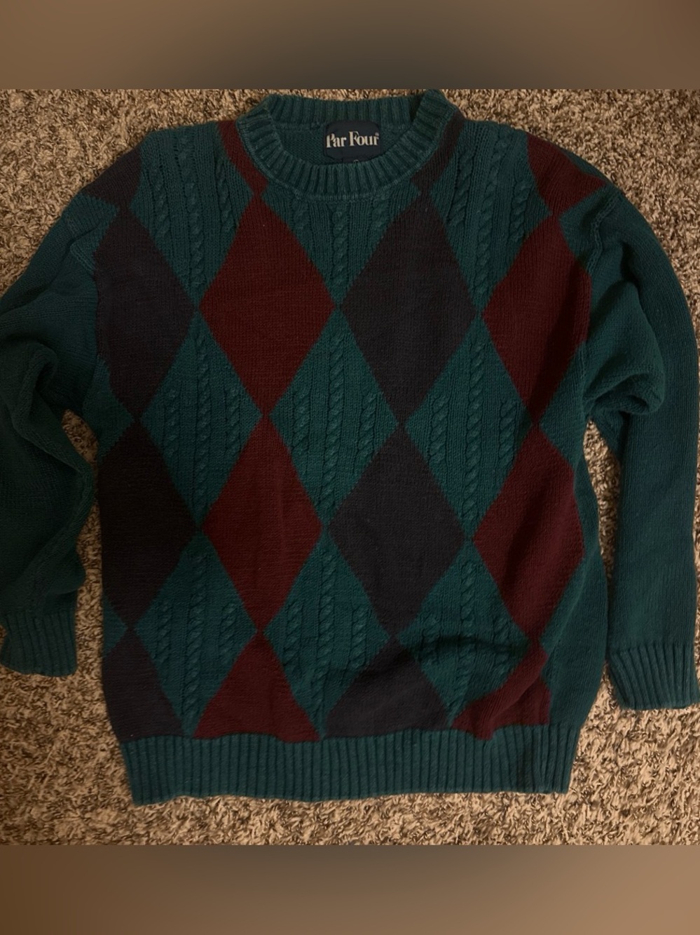 Far Four Teal Argyle Cable-Knit Crewneck Sweater